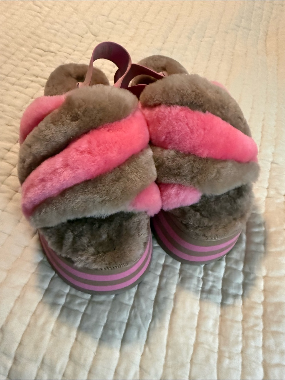 Ugg women’s New Plush Slide Sandals in stripe Pink and Brown